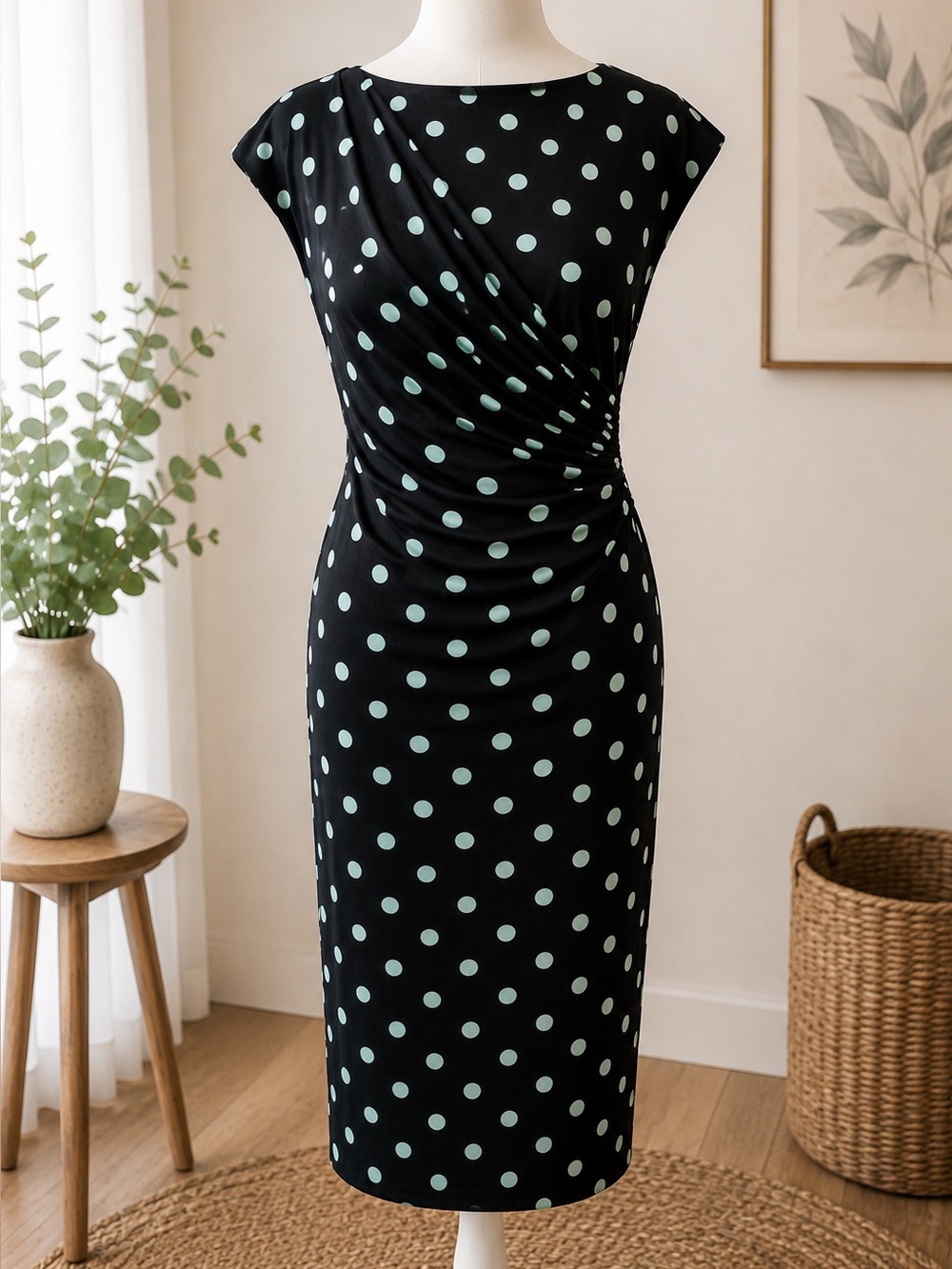 Black Polka Dot Midi Dress Size 4 Ruched Sheath